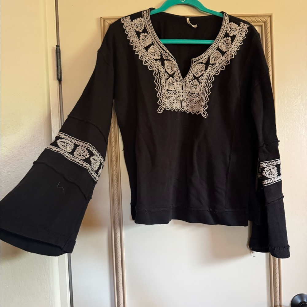 Free People Black Blouse with White Embroidery